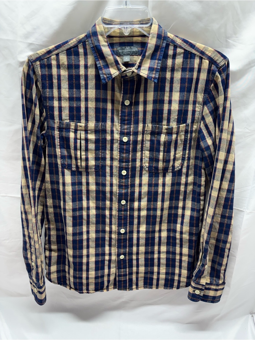 L.L. Bean Signature Cotton Button Up Shirt Mens Medium Navy Plaid Slim Fit